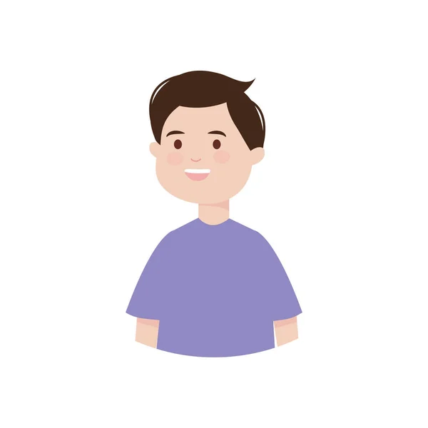 Hombre de dibujos animados sonriendo y vistiendo camiseta púrpura, estilo plano — Vector de stock