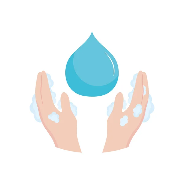 Έννοια πλύσης χεριών, χέρια με σαπουνόφουσκες και σταγόνα νερού, επίπεδο στυλ — Διανυσματικό Αρχείο