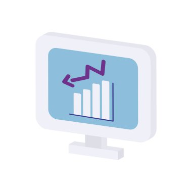 Ekranda çubuk grafiği olan bilgisayarın simgesi, düz stil