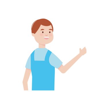 Çizgi film ikonu mutlu müteahhit tulum giyiyor, düz stil.