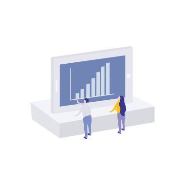 Ekranda çubuk grafiği olan büyük tabletli insanlar, düz stil