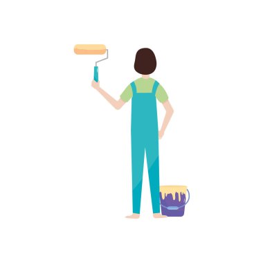 Kadın arkada boya rulosuyla resim yapıyor, düz stil.