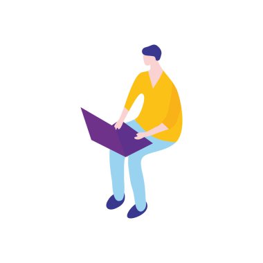 Çizgi filmdeki adam dizüstü bilgisayar kullanıyor, düz stil.