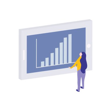Ekranda grafik çizelgesi olan büyük tabletli karikatür kadın, düz stil.