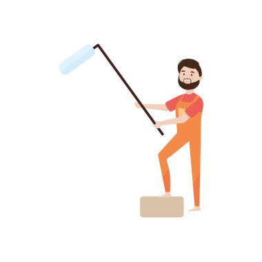 Çizgi film yapımcısı elinde boya silindiri tutuyor, düz stil.