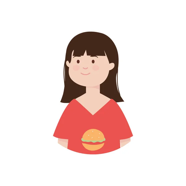 Cartoon vrouw dragen hamburger tshirt, platte stijl — Stockvector