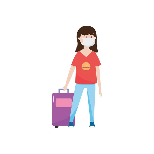 Cartoon junge Frau mit Mundschutz und Reisekoffer, flacher Stil — Stockvektor