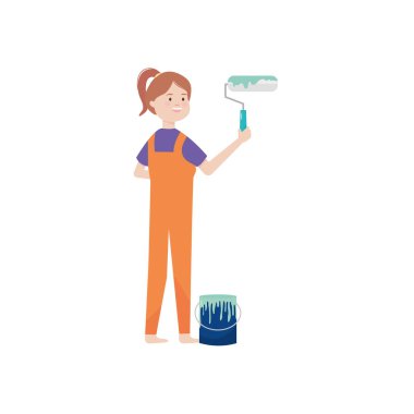 Çizgi film yapımcısı kadın elinde boya kovası ve silindir, düz stil.