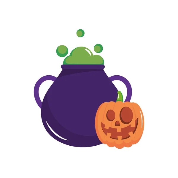 Caldero de bruja y calabaza de halloween, estilo plano — Vector de stock