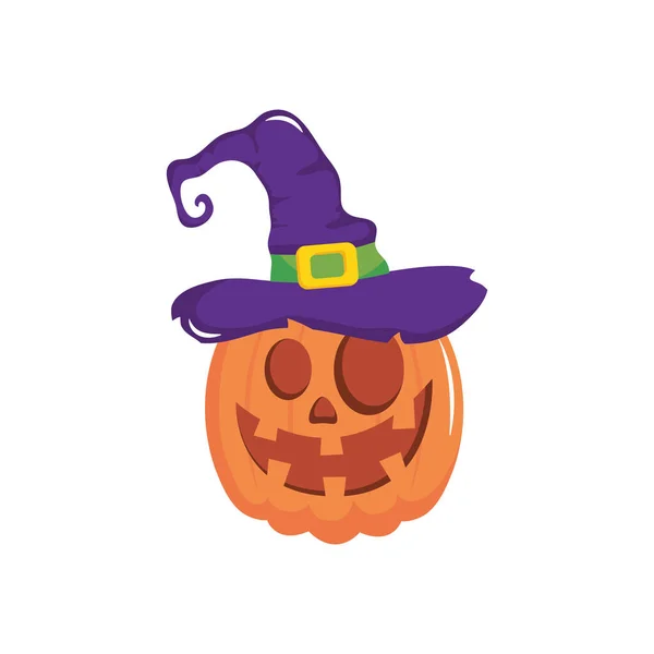 Chapeau de sorcière et dessin animé Halloween citrouille, style plat — Image vectorielle