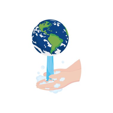 Yeryüzü gezegeni suya düşüp ellerini yıkıyor, düz stil.