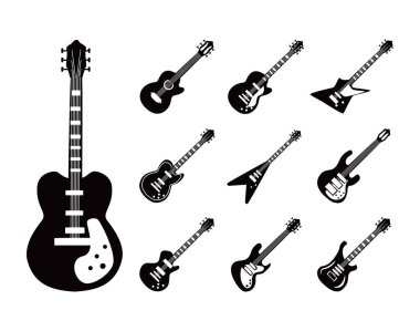 gitar enstrümanları siyah ve beyaz stil set simgeleri vektör tasarımı