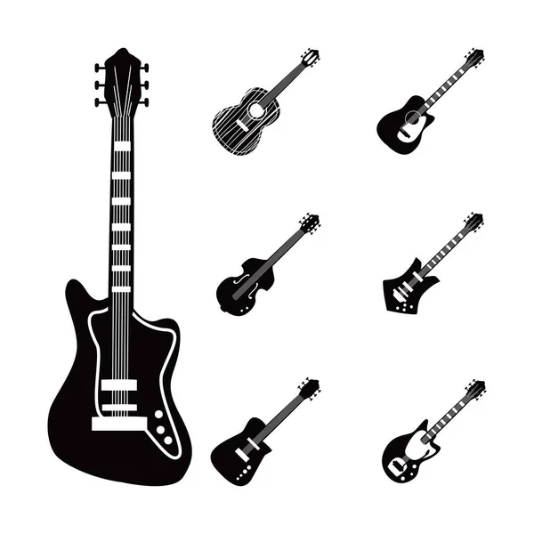 Gitarren Instrumente Schwarz-Weiß Stil Sammlung von Ikonen Vektor-Design — Stockvektor