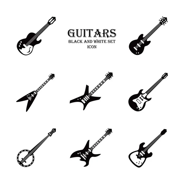 Gitarren Instrumente Schwarz-Weiß Stil-Ikone Set Vektor-Design — Stockvektor