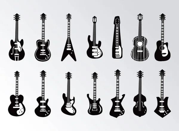 Guitarras instrumentos blanco y negro estilo símbolo conjunto vector diseño — Vector de stock