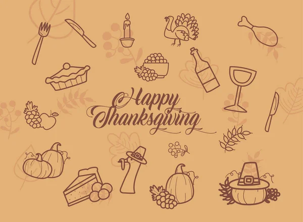 Heureux thanksgiving jour ligne style icône définir fond design — Image vectorielle