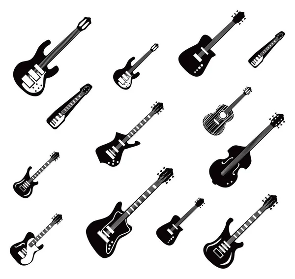 Guitarras instrumentos fondo blanco y negro estilo icono conjunto vector diseño — Vector de stock