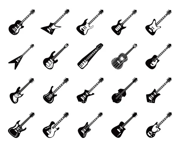 Guitarras instrumentos blanco y negro estilo icono colección vector diseño — Archivo Imágenes Vectoriales