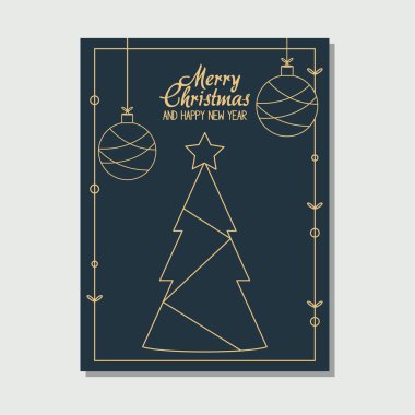 Noel minimalist kartı, Noel ağacı ve Noel baloları asılı, renkli tasarım.