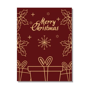 Mutlu noel minimalist kartı hediye kutuları ve kutsal meyveler, renkli tasarım