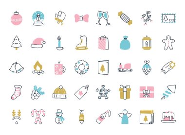 Mutlu noel simgesi seti, yarı çizgi yarı renk