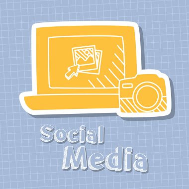 Dizüstü bilgisayar ve fotoğraf makinesi ile sosyal medya tasarımı, yarı çizgi yarı renk tarzı