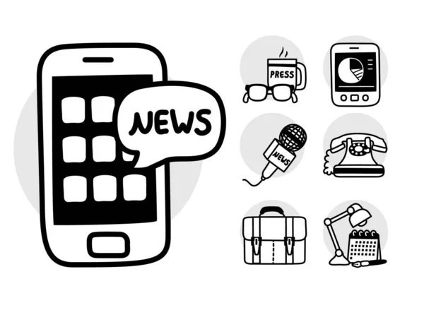 Смартфон и набор иконок новостей, стиль силуэта — стоковый вектор