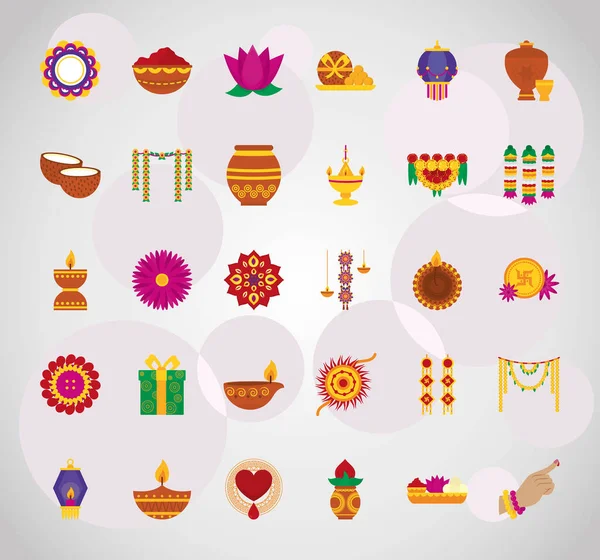 Rangoli et bhai dooj icône ensemble, design coloré — Image vectorielle