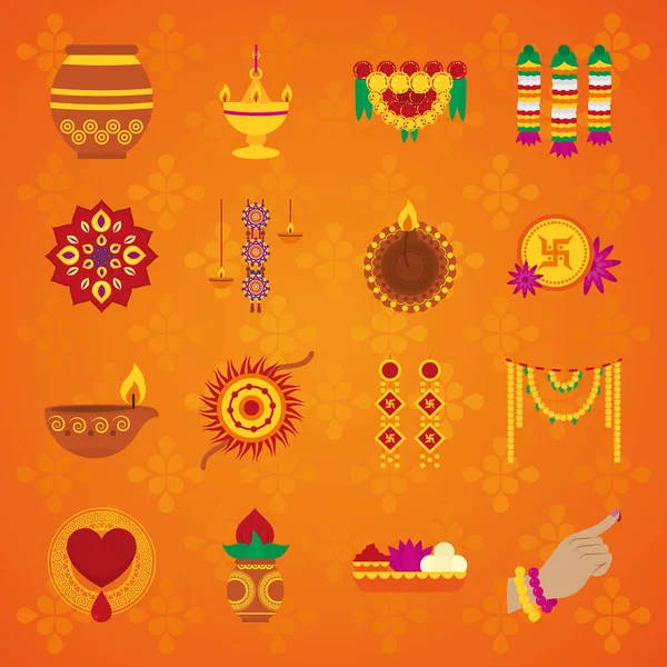 Stylos décoratifs et bhai dooj icône ensemble — Image vectorielle