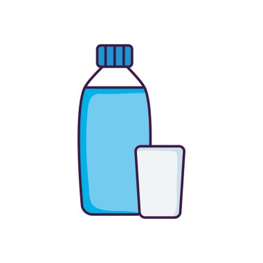 Su şişesi ve cam ikon, düz stil.