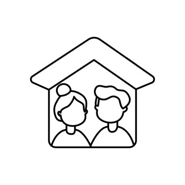 Coronavirus önleme konsepti, Avatar erkek ve kadın evde kalıyorlar, çizgi tarzı.