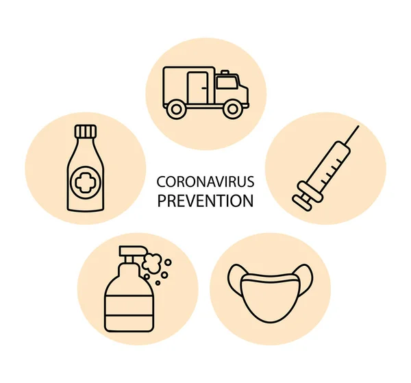 Coronavirus preventie pictogram set, lijn stijl — Stockvector