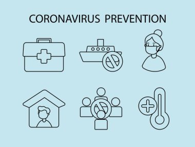 İlk yardım ve koronavirüs önleme simgesi seti, satır biçimi