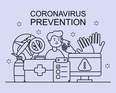 Koronavirüs önleme tasarımı. Etrafta insan ve ilgili ikonlar var. Düz stil.