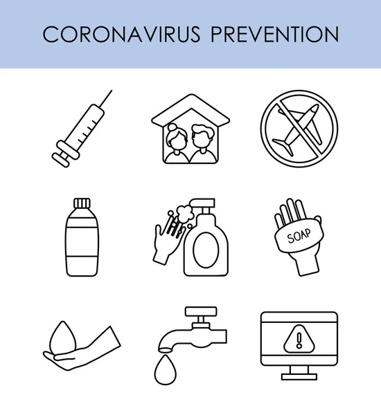 Icoon set van coronavirus preventie, lijn stijl — Stockvector