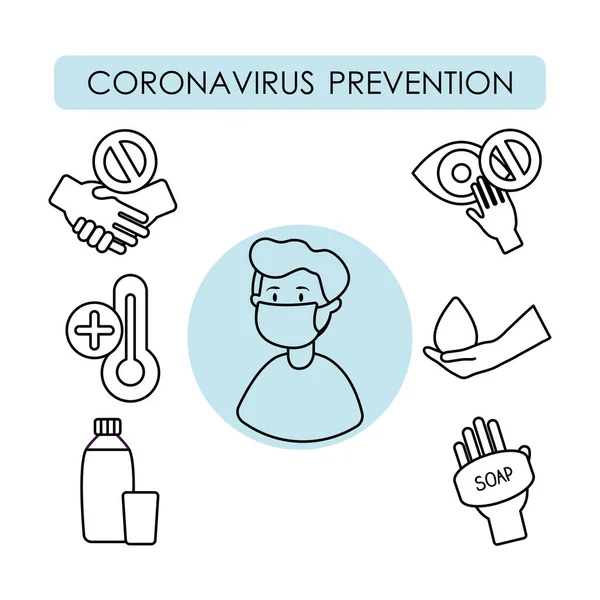 Cartoon man met mondmasker en coronavirus preventie pictogram set, lijn stijl — Stockvector