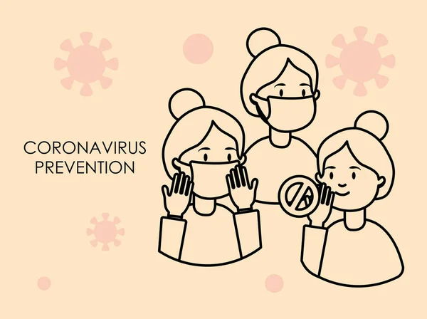 Coronavirus preventie concept, cartoon vrouwen met mondmaskers, lijn stijl — Stockvector