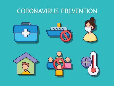 İlk yardım ve koronavirüs önleme simgesi seti, düz stil