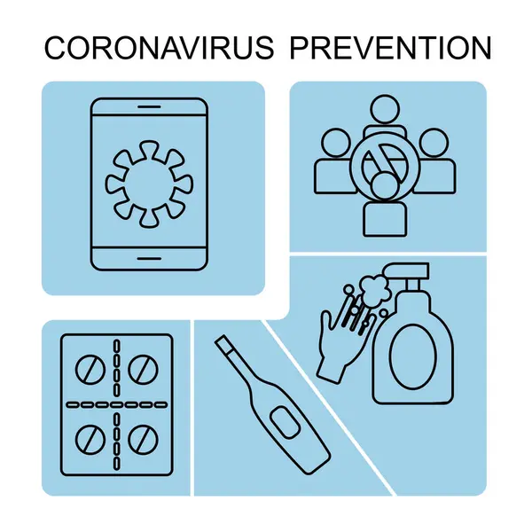 Smartphone en coronavirus preventie pictogram set, lijn stijl — Stockvector