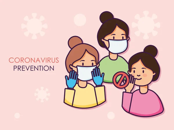 Coronavirus preventie concept, cartoon vrouwen met mondmaskers, platte stijl — Stockvector