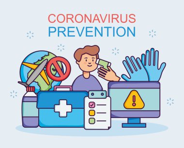 Koronavirüs önleme tasarımı. Etrafta insan ve ilgili ikonlar var. Düz stil.