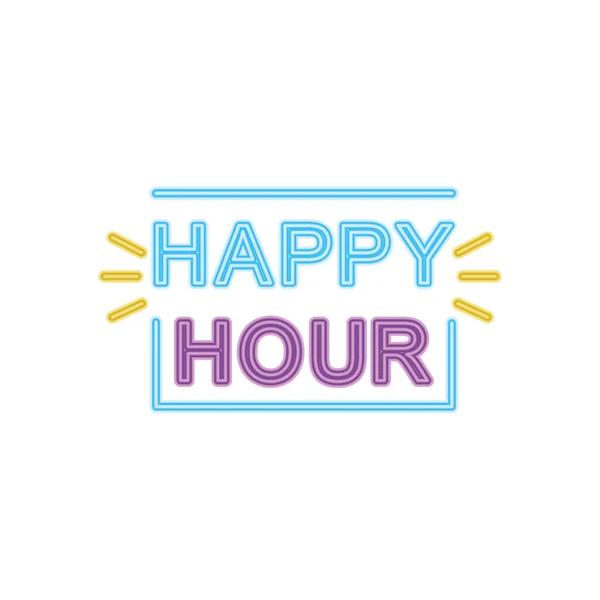 Happy hour neon sign, colorful design — Stock Vector