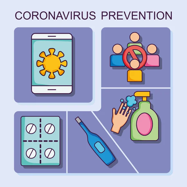 Smartphone en coronavirus preventie icoon set, platte stijl — Stockvector