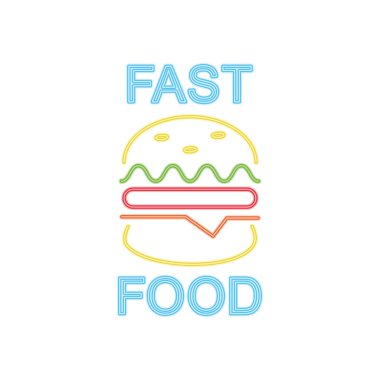 Hamburger ikonlu fast food neon tasarımı, renkli tasarım