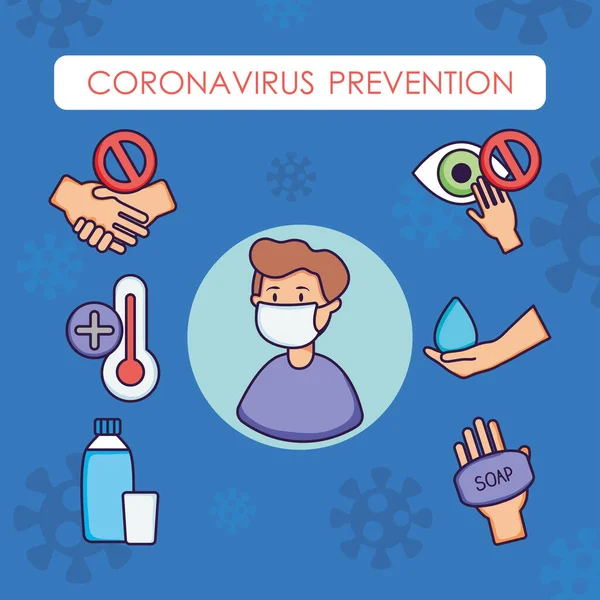 Cartoon man met mondmasker en coronavirus preventie pictogram set, platte stijl — Stockvector