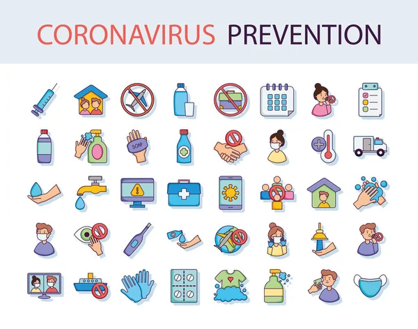 Coronavirus preventie iconen set, platte stijl — Stockvector