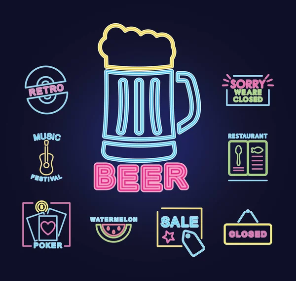 Taza de cerveza y letreros de neón icono conjunto, diseño colorido — Vector de stock