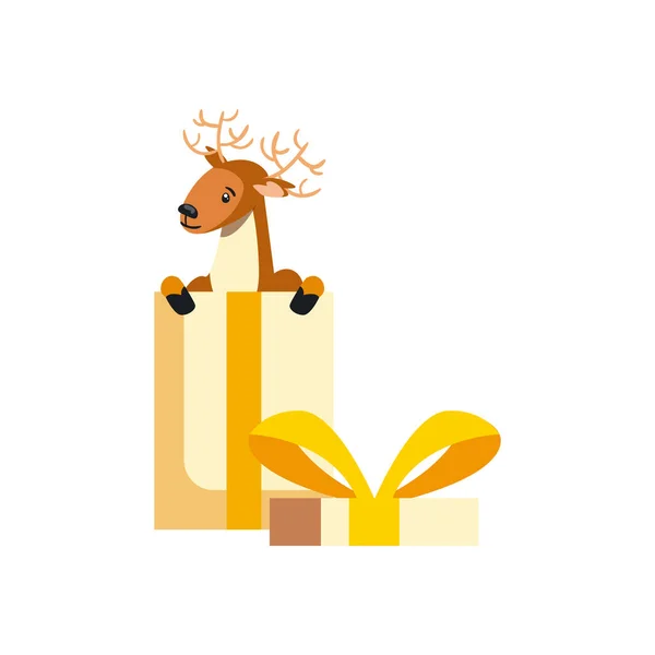Christmas, reindeer cute in big gift box present, on white background — 图库矢量图片
