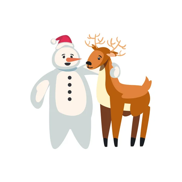 Weihnachten, Schneemann mit niedlichen Rentieren, auf weißem Hintergrund — Stockvektor