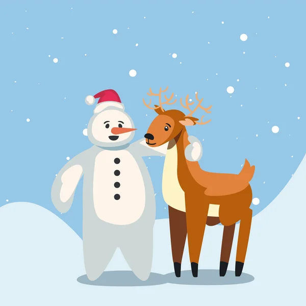 Christmas, snowman with cute reindeer, on winter landscape — Stockvektor